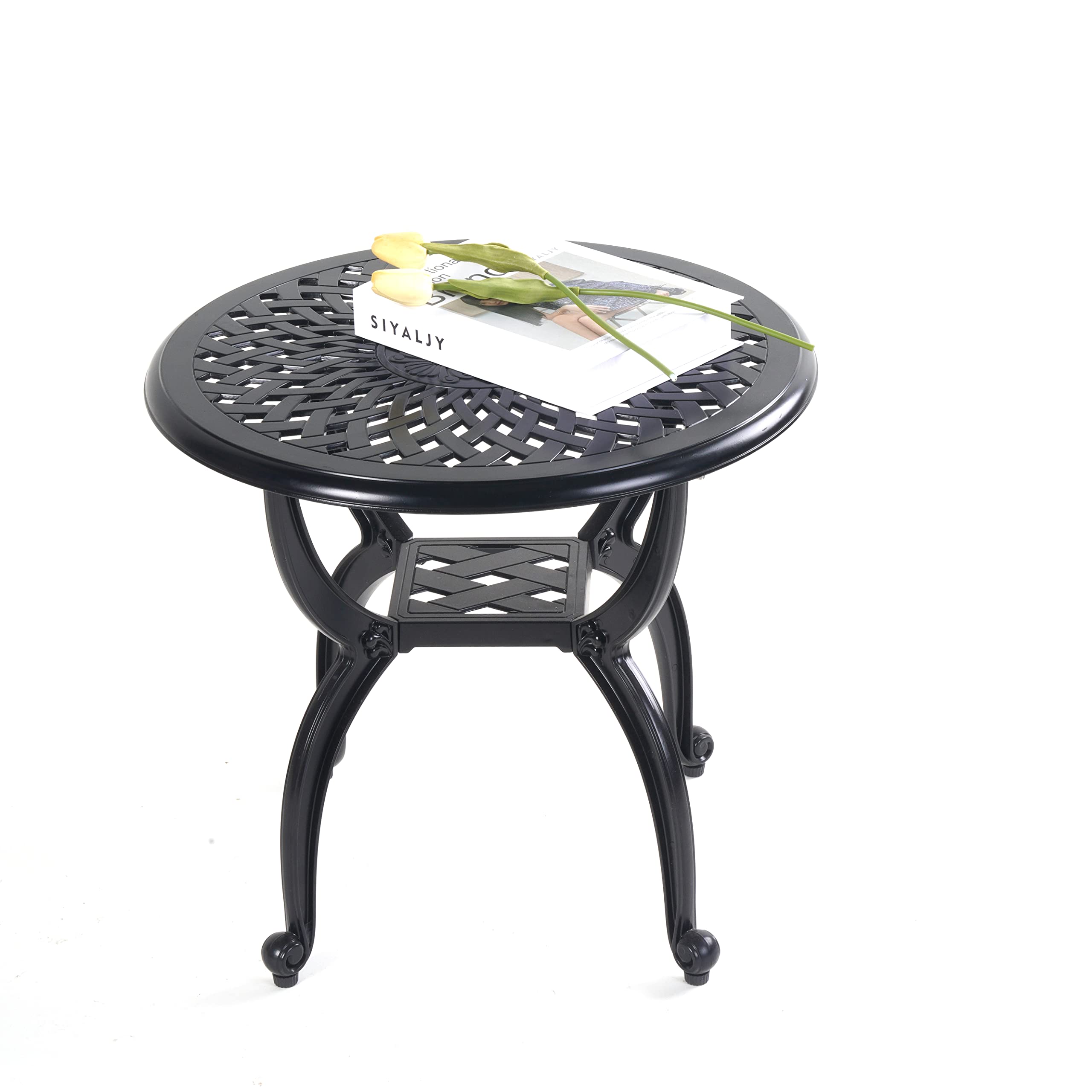 Mandolin front view of black patio table shows durable weatherproof finish