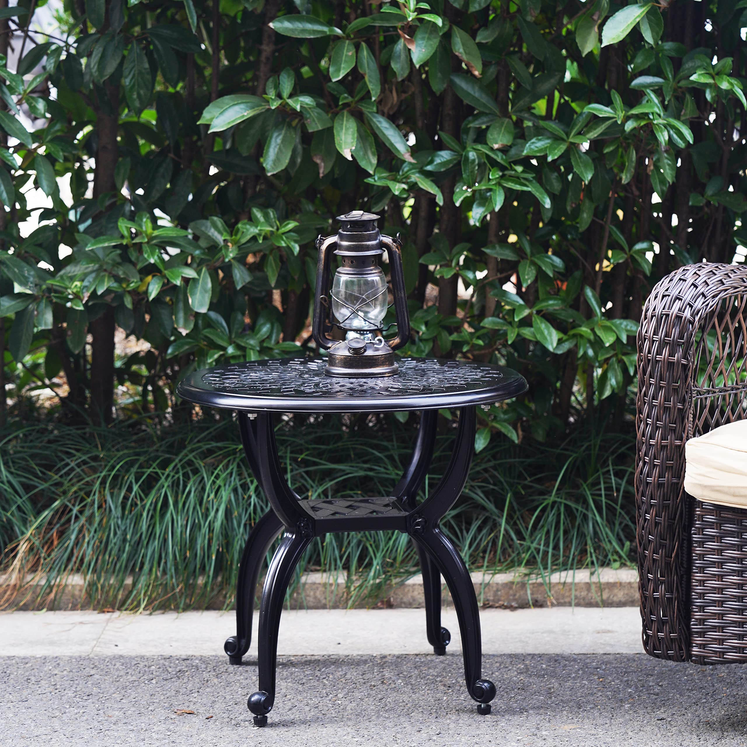 Mandolin next to outdoor chair shows compact size for tight spaces