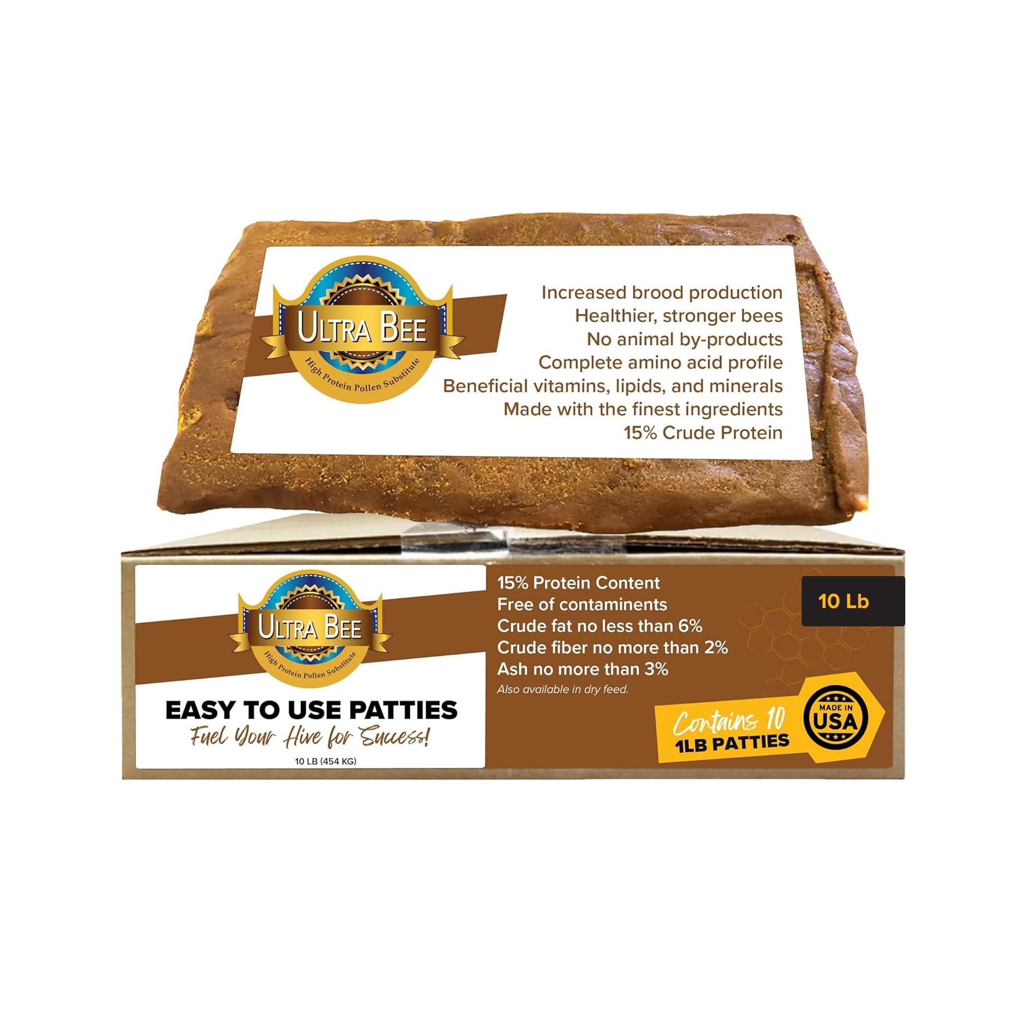 Mann Lake front packaging showing 10 lb patties and clear labeling benefit: easy storage