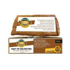 Mann Lake front packaging showing 10 lb patties and clear labeling benefit: easy storage