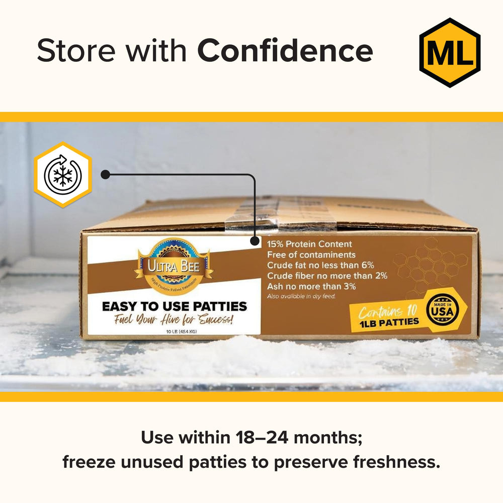 Mann Lake label close-up highlighting protein content and USA-made quality assurance
