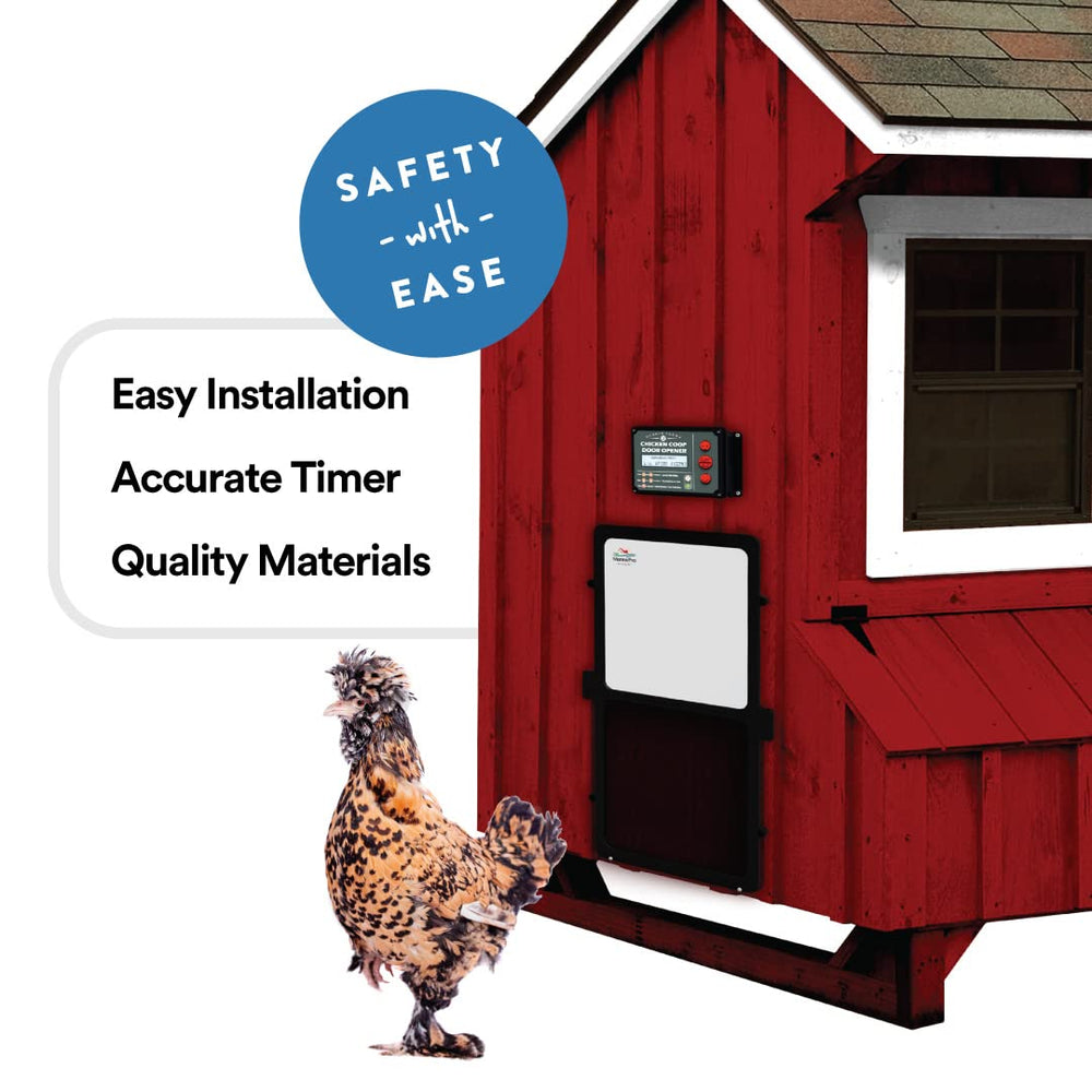 Manna Pro Harris Farms in use with door open and chickens exiting safely at dawn