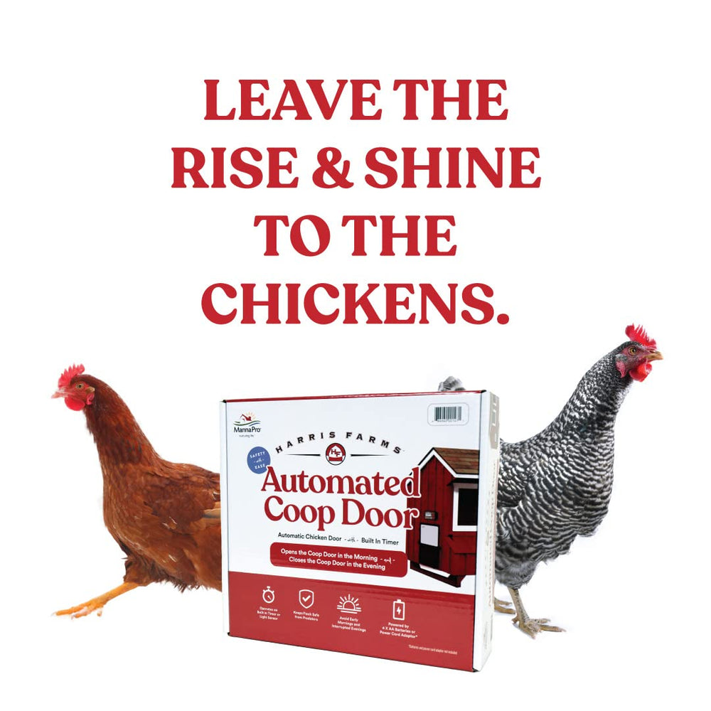 Manna Pro Harris Farms lifestyle coop scene illustrating hands-free flock management