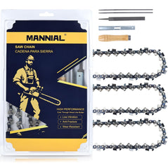 Mannial front packaging showing three 20-inch chains and included sharpener kit for value