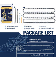 Mannial chain mounted on an 18-inch guide bar demonstrating proper fit and improved cutting readiness