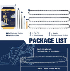 Mannial included sharpener kit laid out with files and depth gauge for easy maintenance
