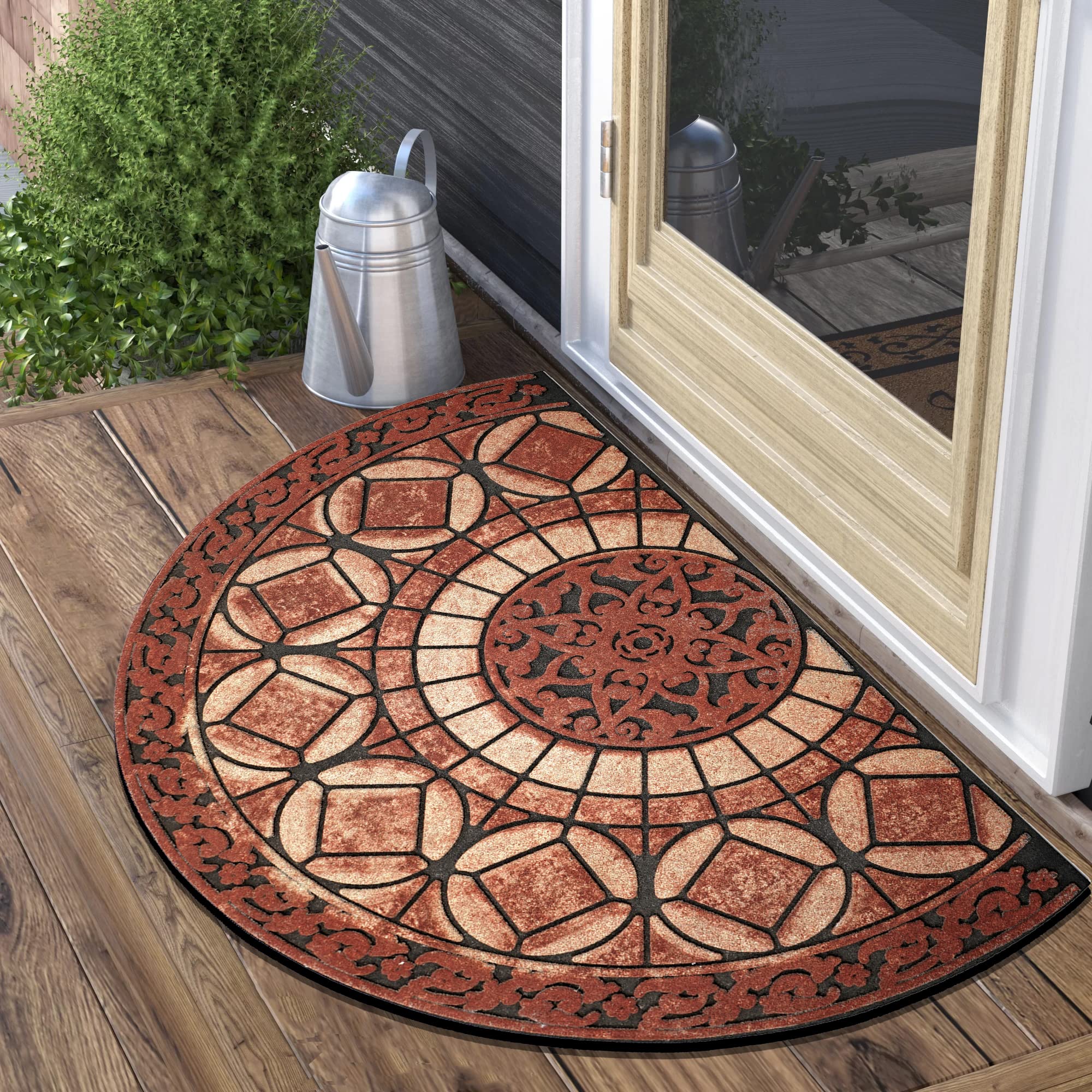 MANO front view rust-red mat showing full half-circle welcome design and curb appeal