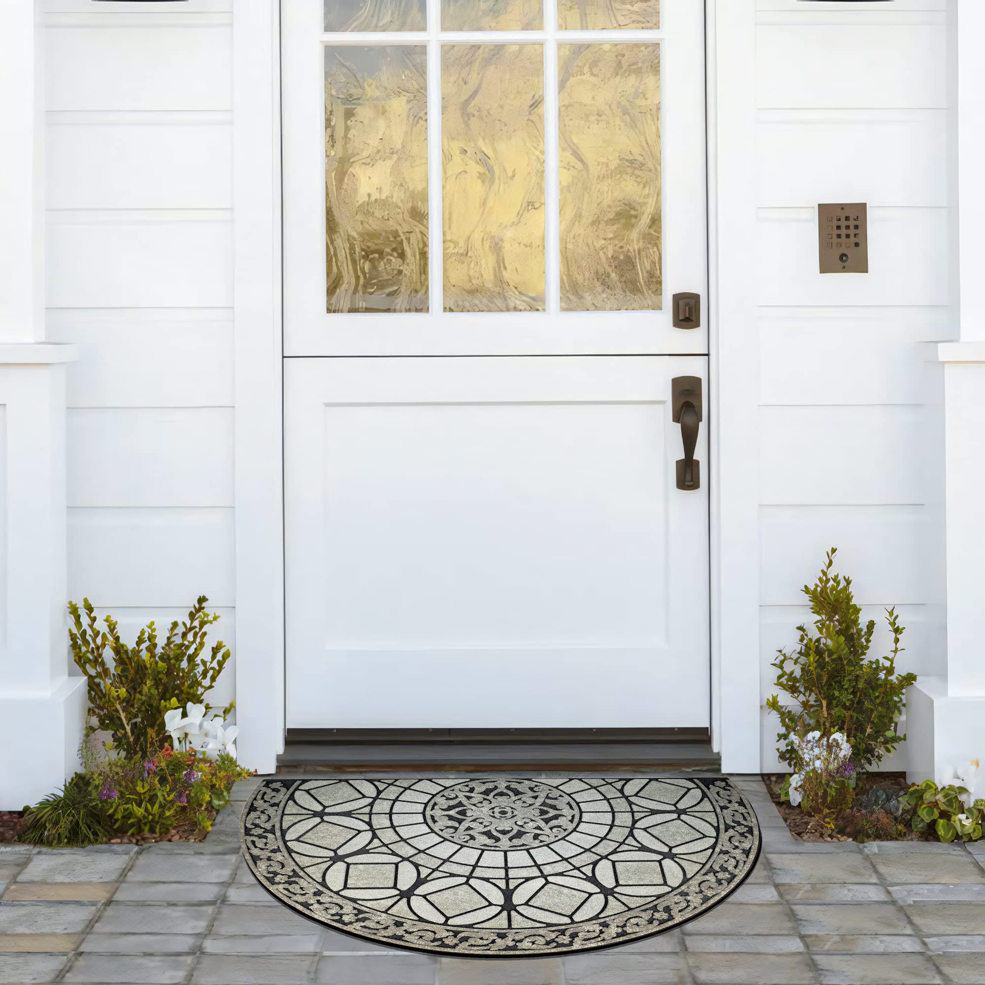 MANO mat beside door shows 21x33 size fit for standard exterior thresholds