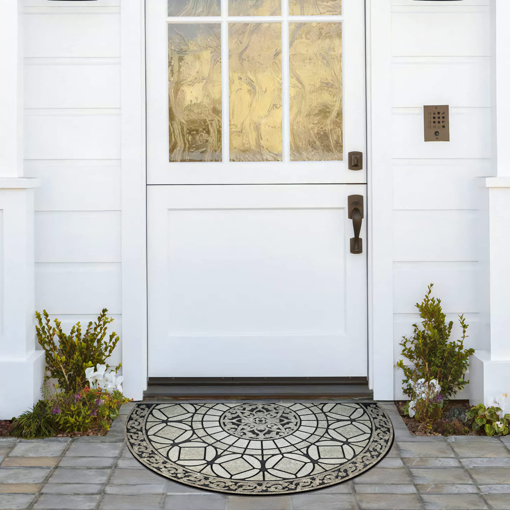 MANO mat beside door shows 21x33 size fit for standard exterior thresholds