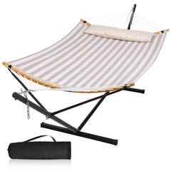 mansion home front view of hammock and stand showing setup and comfort