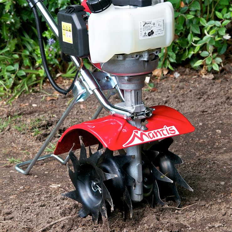 Mantis kickstand in use garden setting demonstrating safe hands-free starting