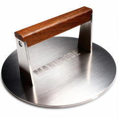 Manucode front view of 9-inch stainless press showing shape and weight benefit