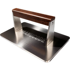 Manucode front view of stainless steel bacon press showing flat base and handle, improves searing