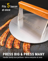 Manucode pressing burgers on griddle demonstrating faster browning and crust