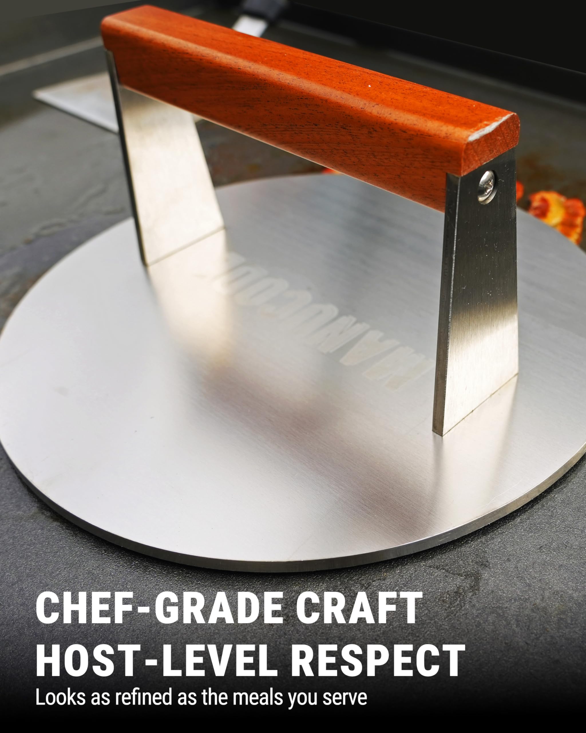 Manucode pressing bacon and steak illustrating even cook and searing benefit