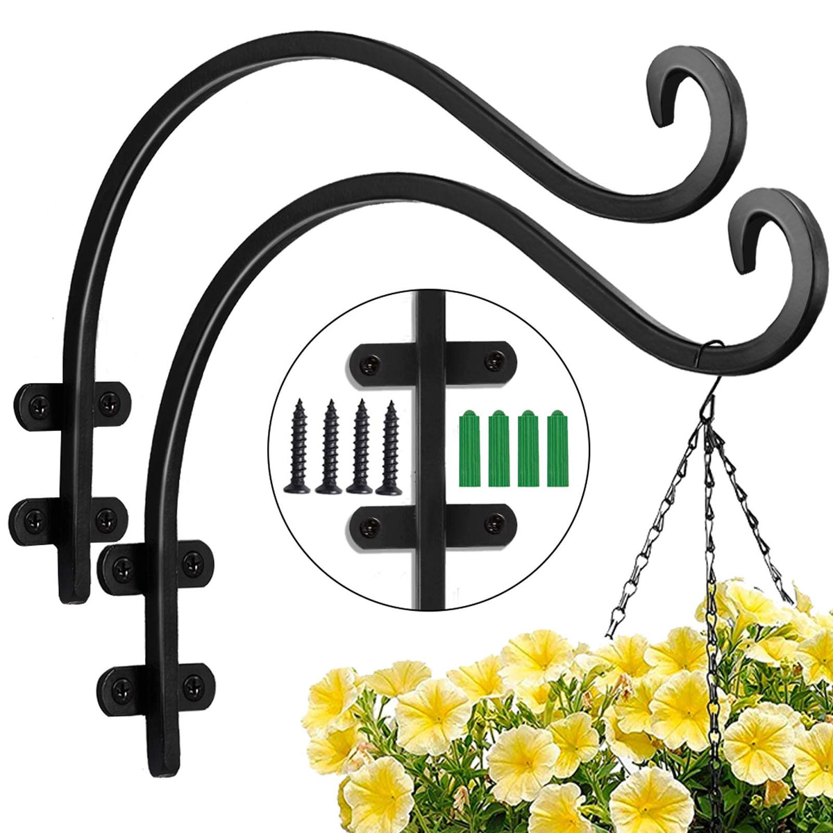 Maosen front view of 16 inch plant hanger showing sturdy black finish and curve, durable support