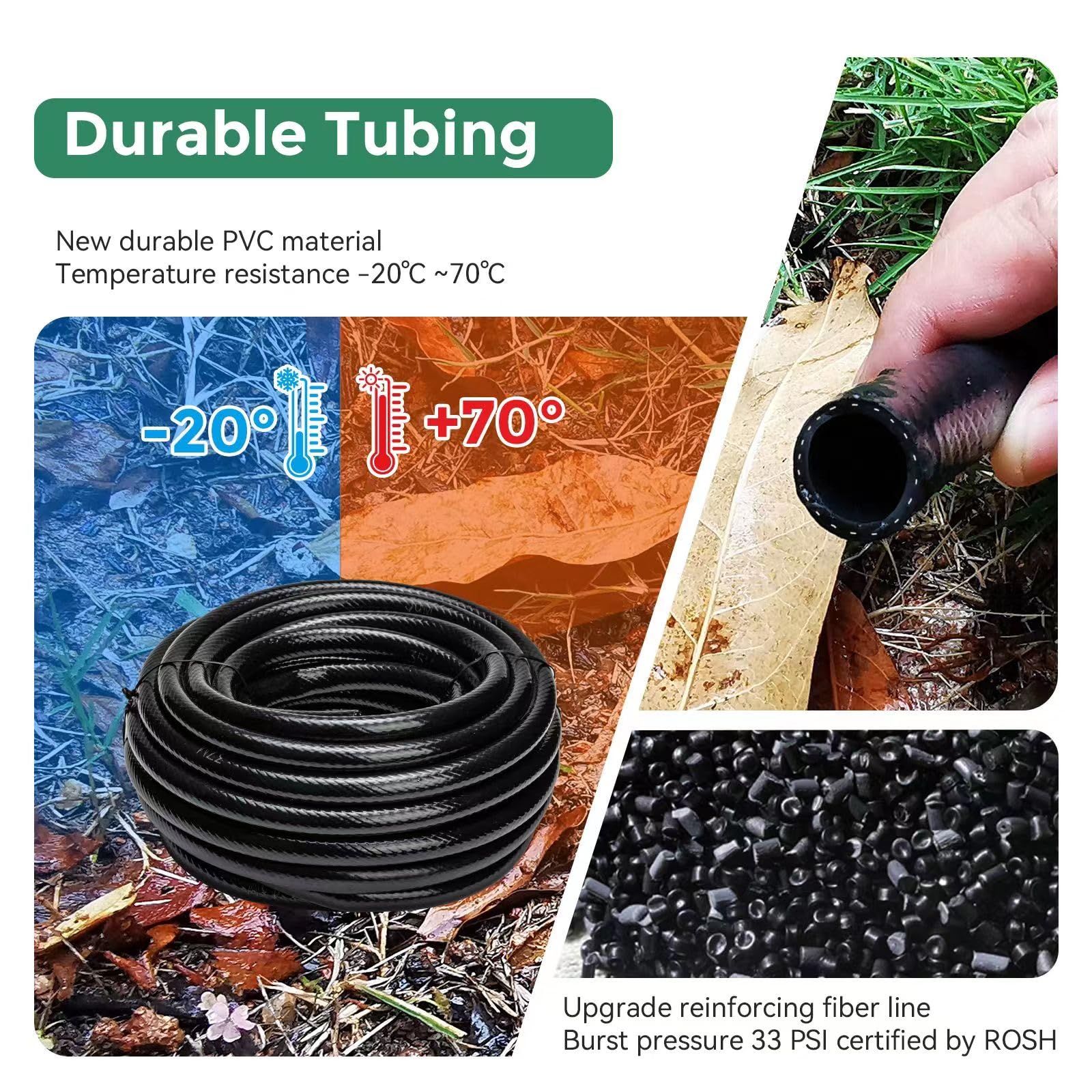 Maotong tubing routed around garden beds showing flexibility and space-saving benefit