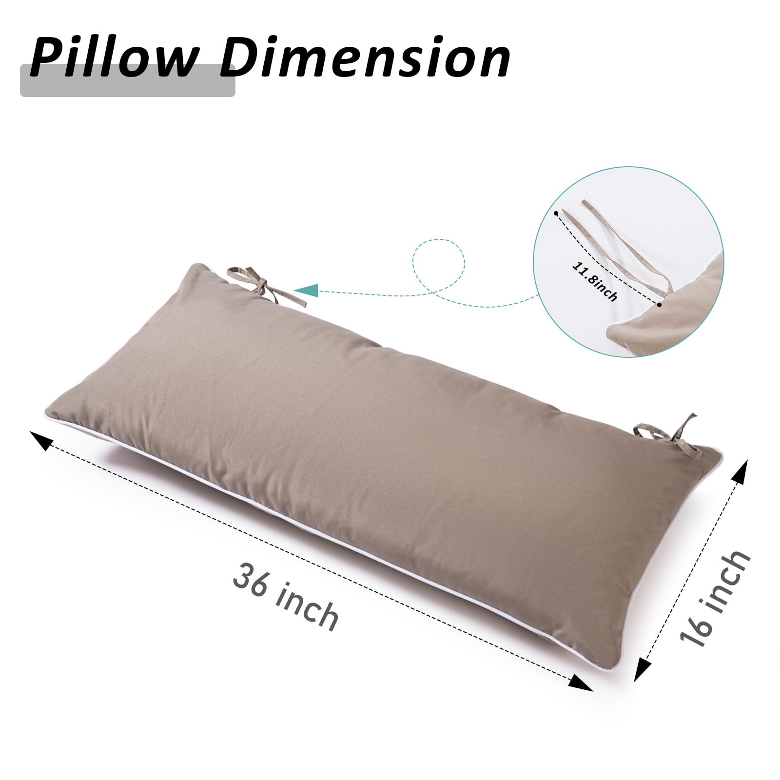 Maphissus pillow beside measuring tape showing 53 by 15 inch size clarity