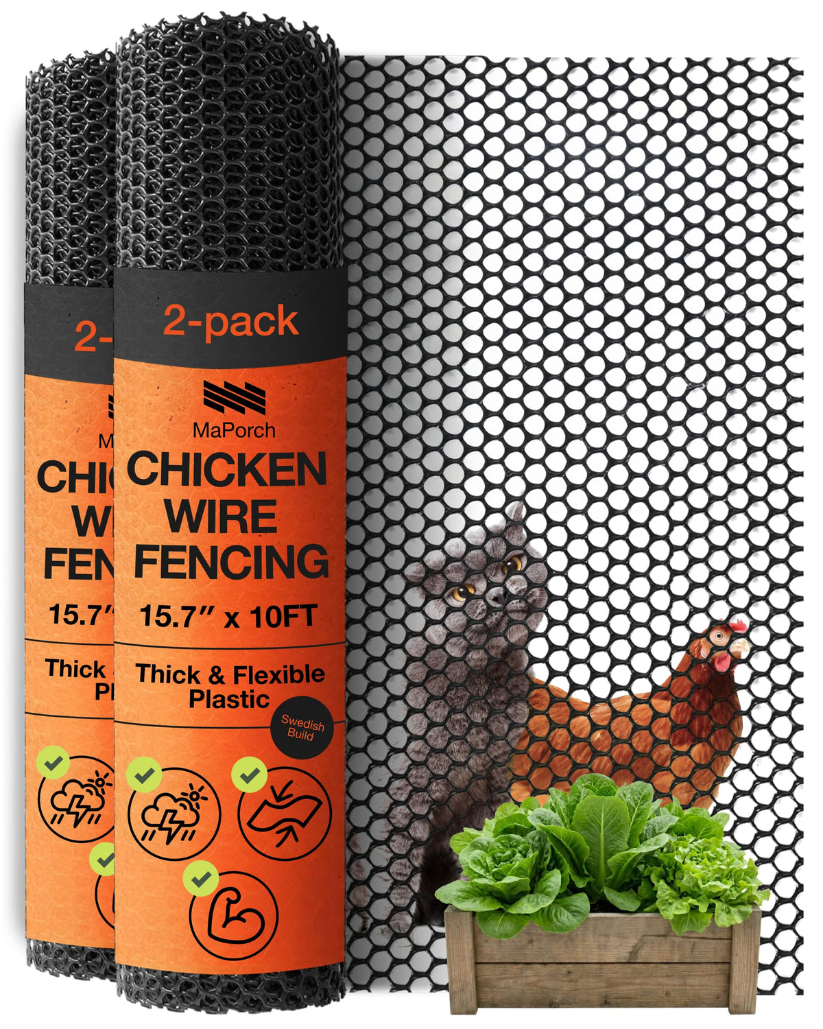 MaPorch front packaging showing fence rolls and uses for quick identification