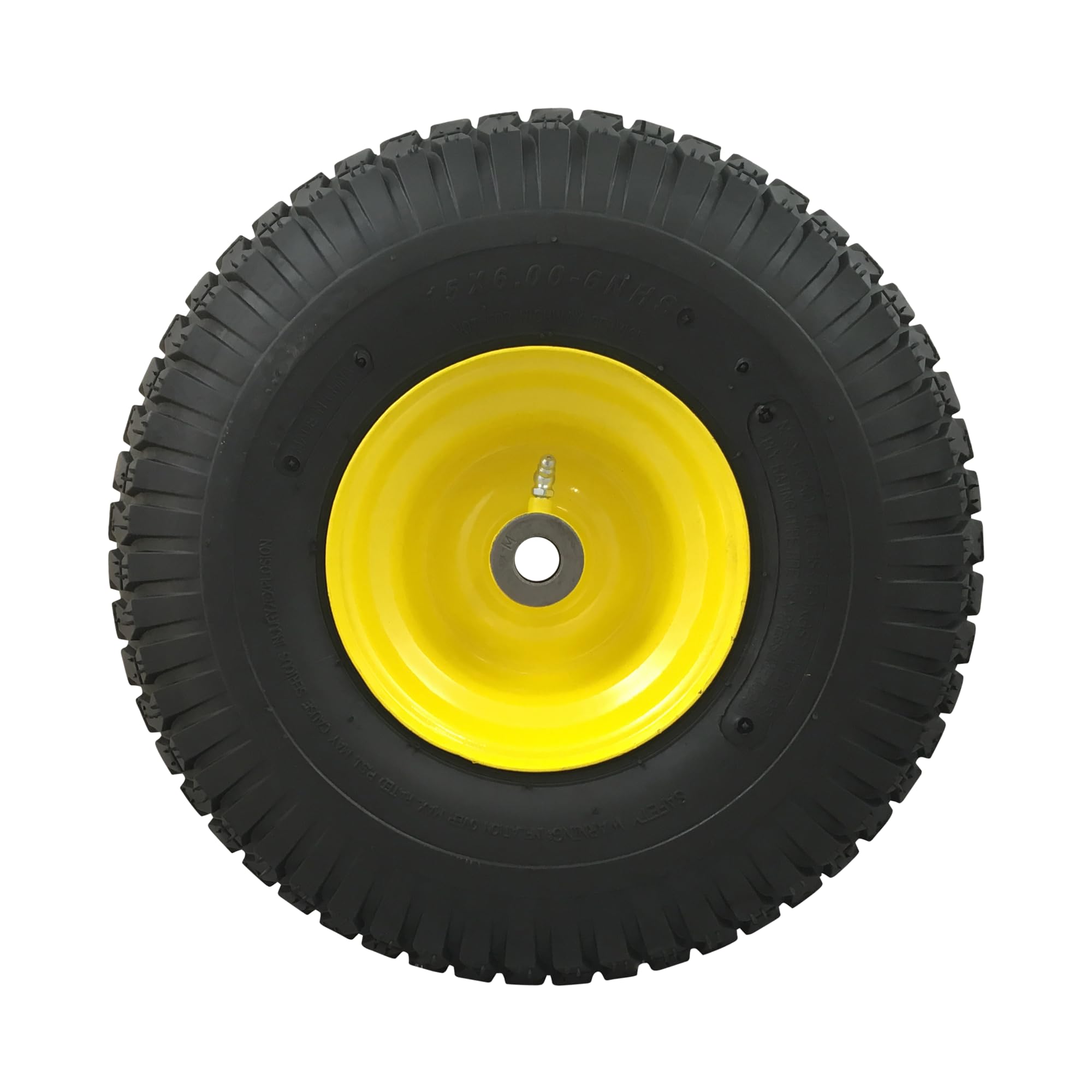MARASTAR wheel installed on mower front axle illustrating quick bolt-on replacement