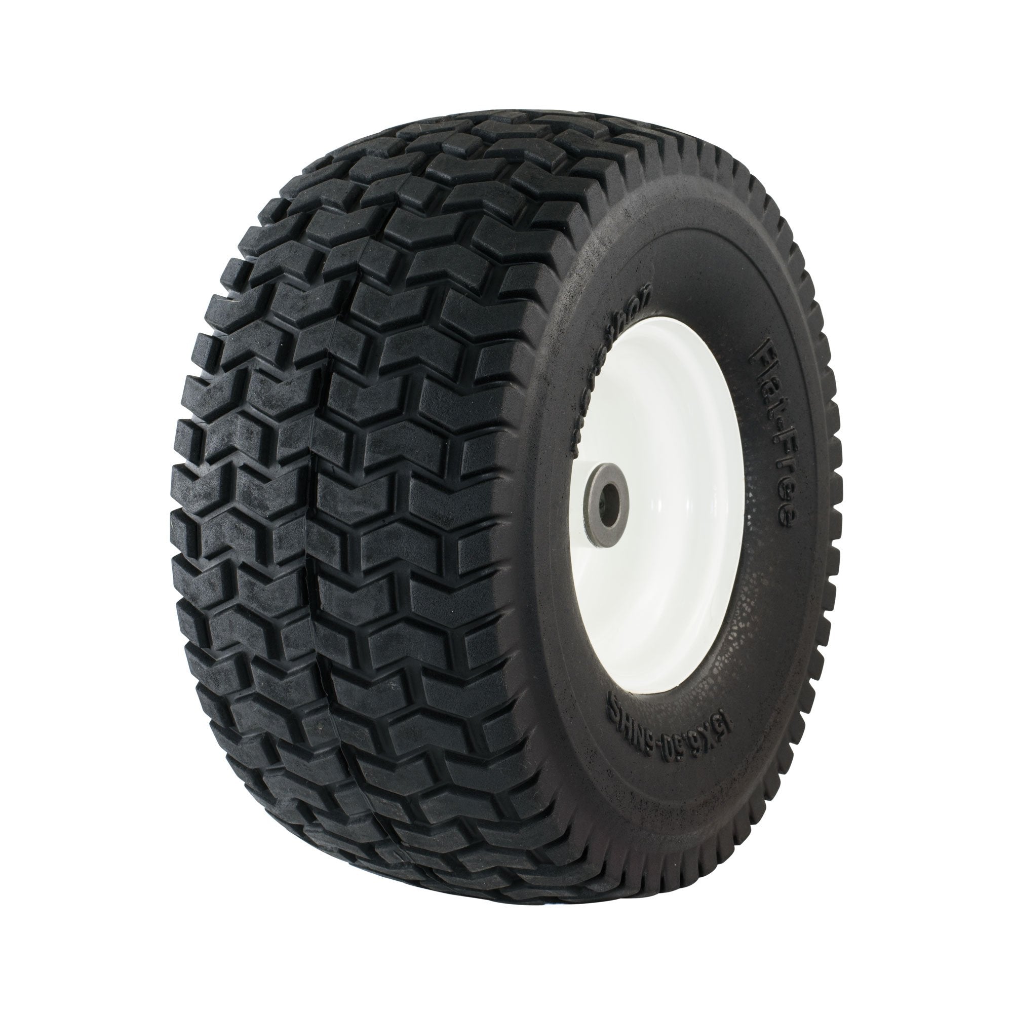 Marathon front wheel assembled showing full tire and rim, improves mowing reliability