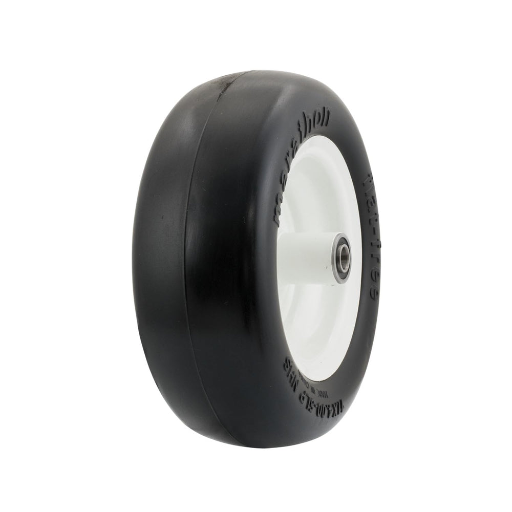 Marathon front wheel assembly showing pre-mounted white rim and tire benefit quick swap