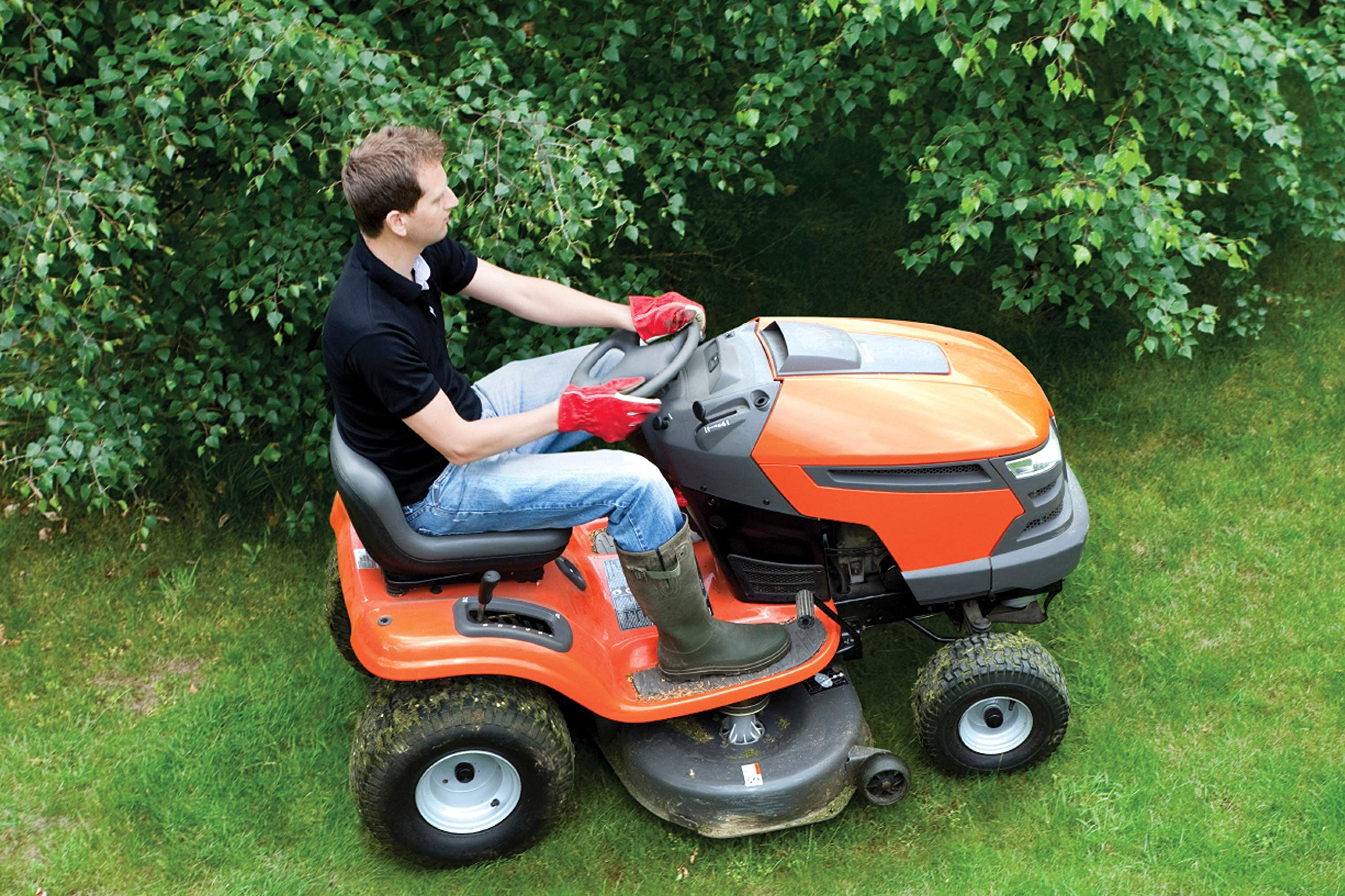 Marathon tire installed on riding mower front axle demonstrating maintenance-free use