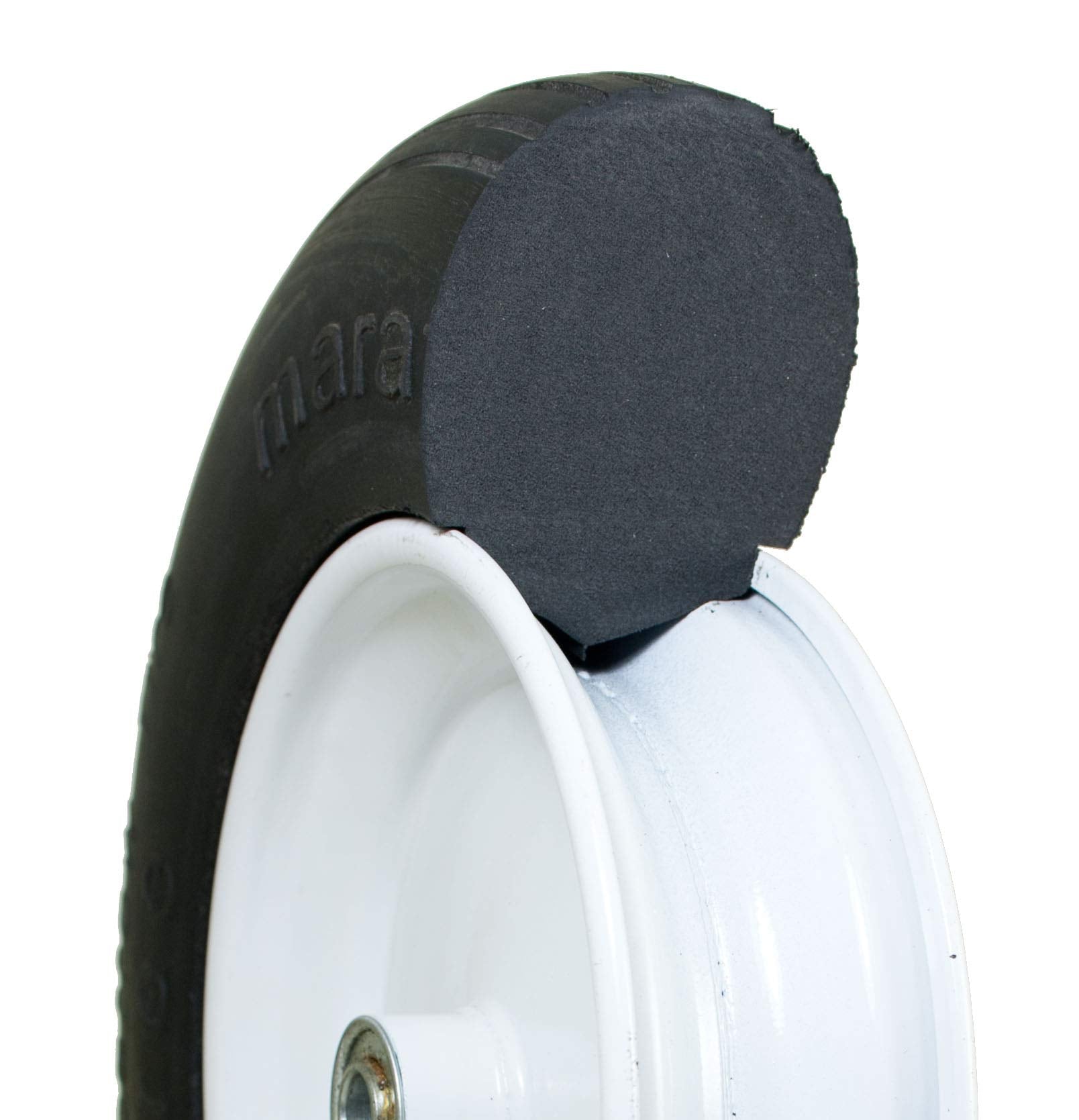 Marathon wheel beside ruler showing 14.5" scale and precise fit benefit