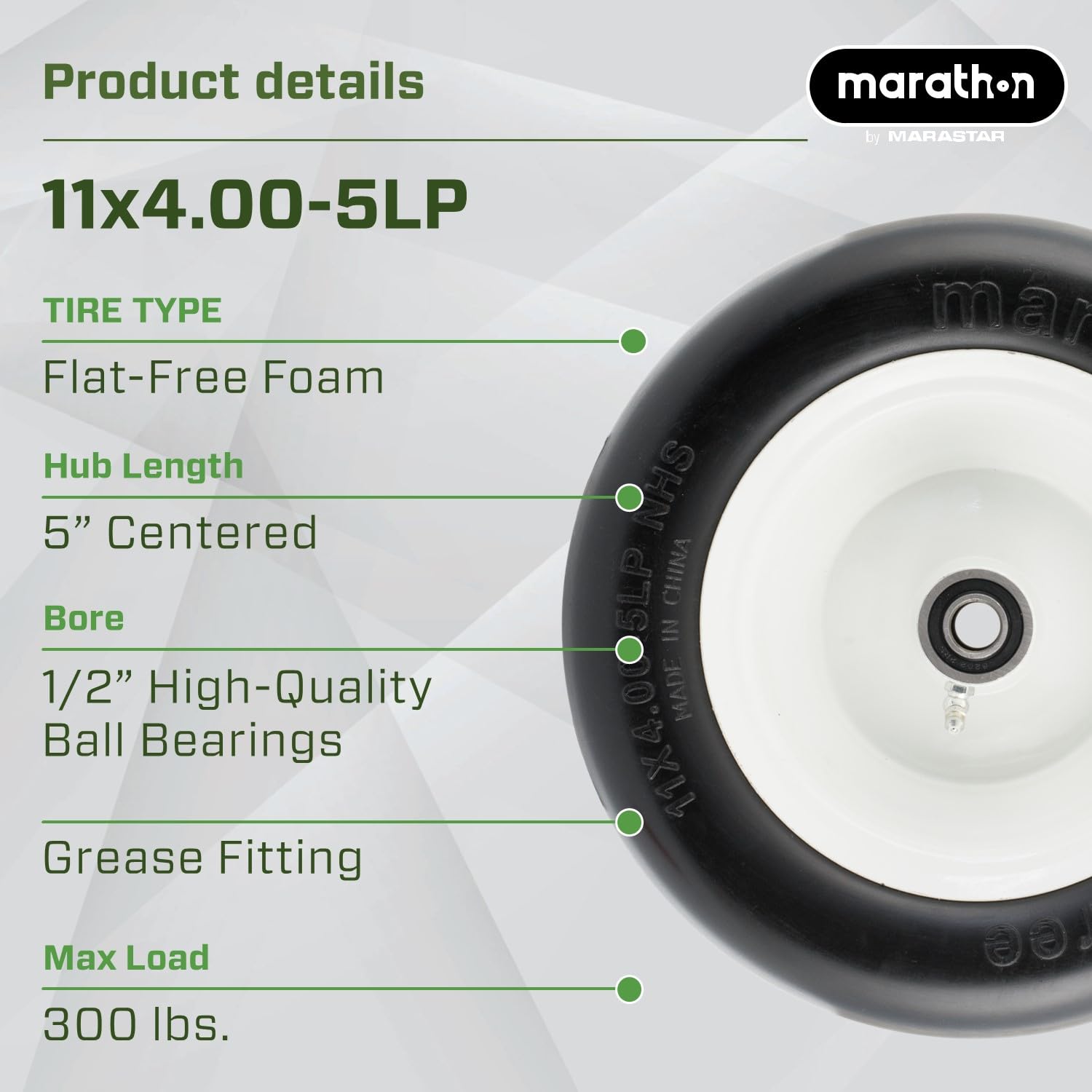 Marathon side profile showing smooth tread and non-marking surface for lawn care