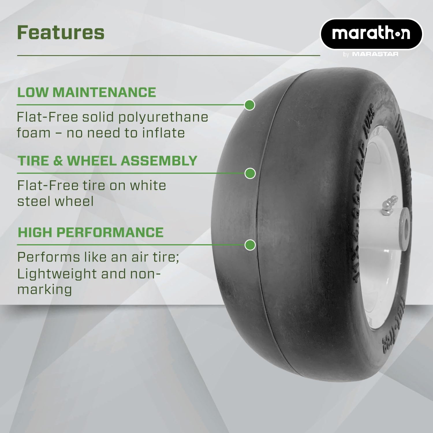 Marathon wheel installed on a lawnmower showing quick swap benefit
