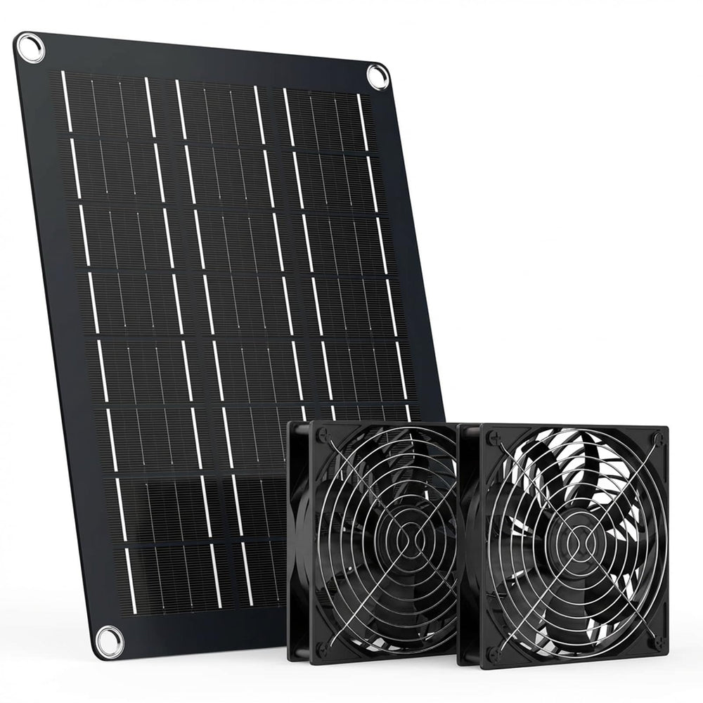 MARBERO front view of boxed solar fan kit showing components and ease of setup