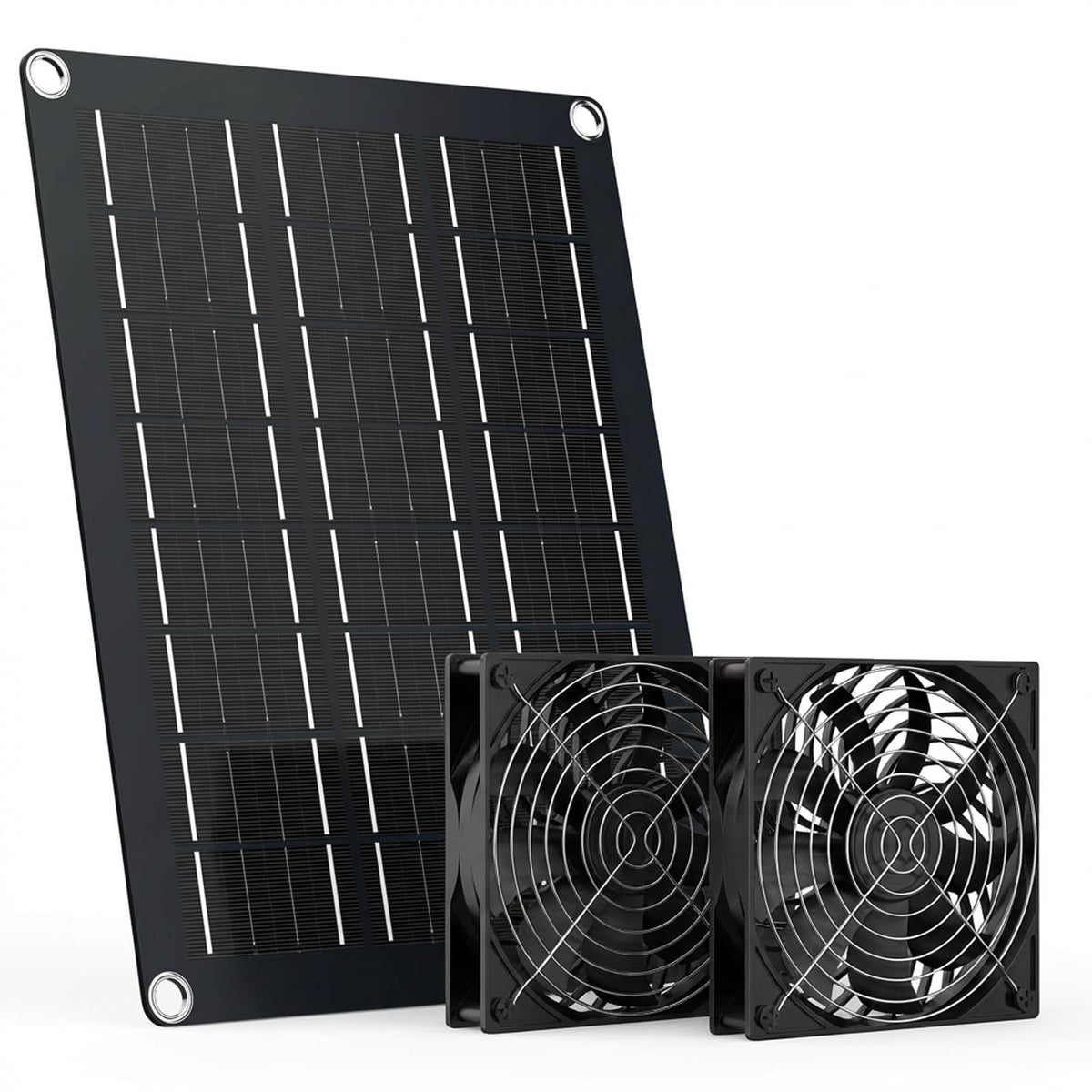 MARBERO front view of boxed solar fan kit showing components and ease of setup