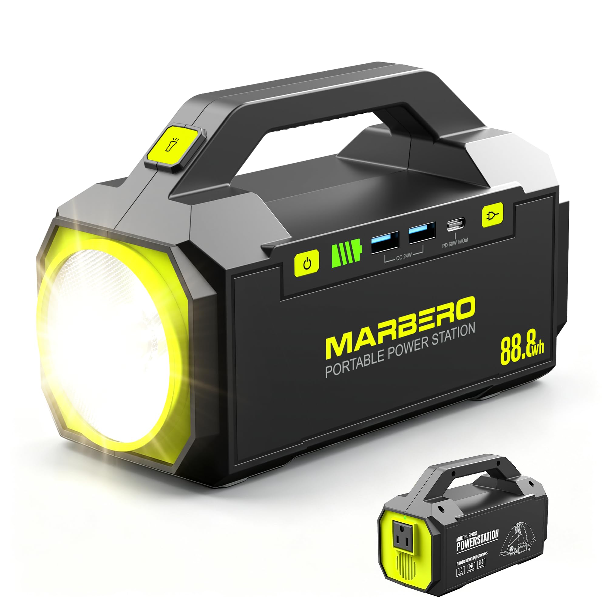 MARBERO front view showing compact power station and portability benefit