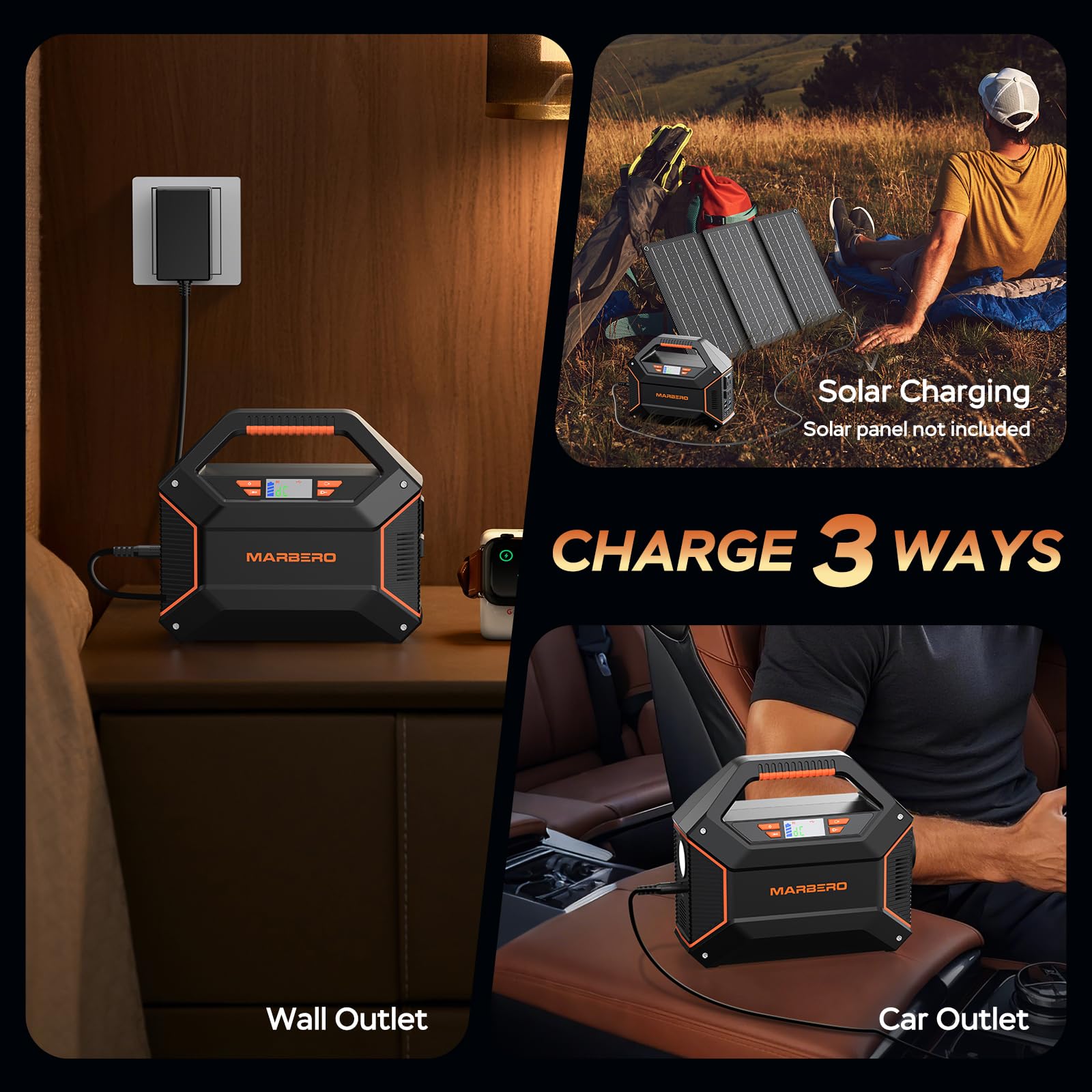 MARBERO hooked to car outlet powering devices during road trips
