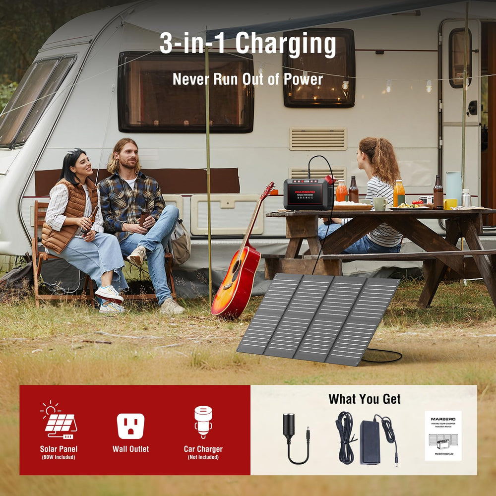 MARBERO power station powering campsite lights and devices for convenience