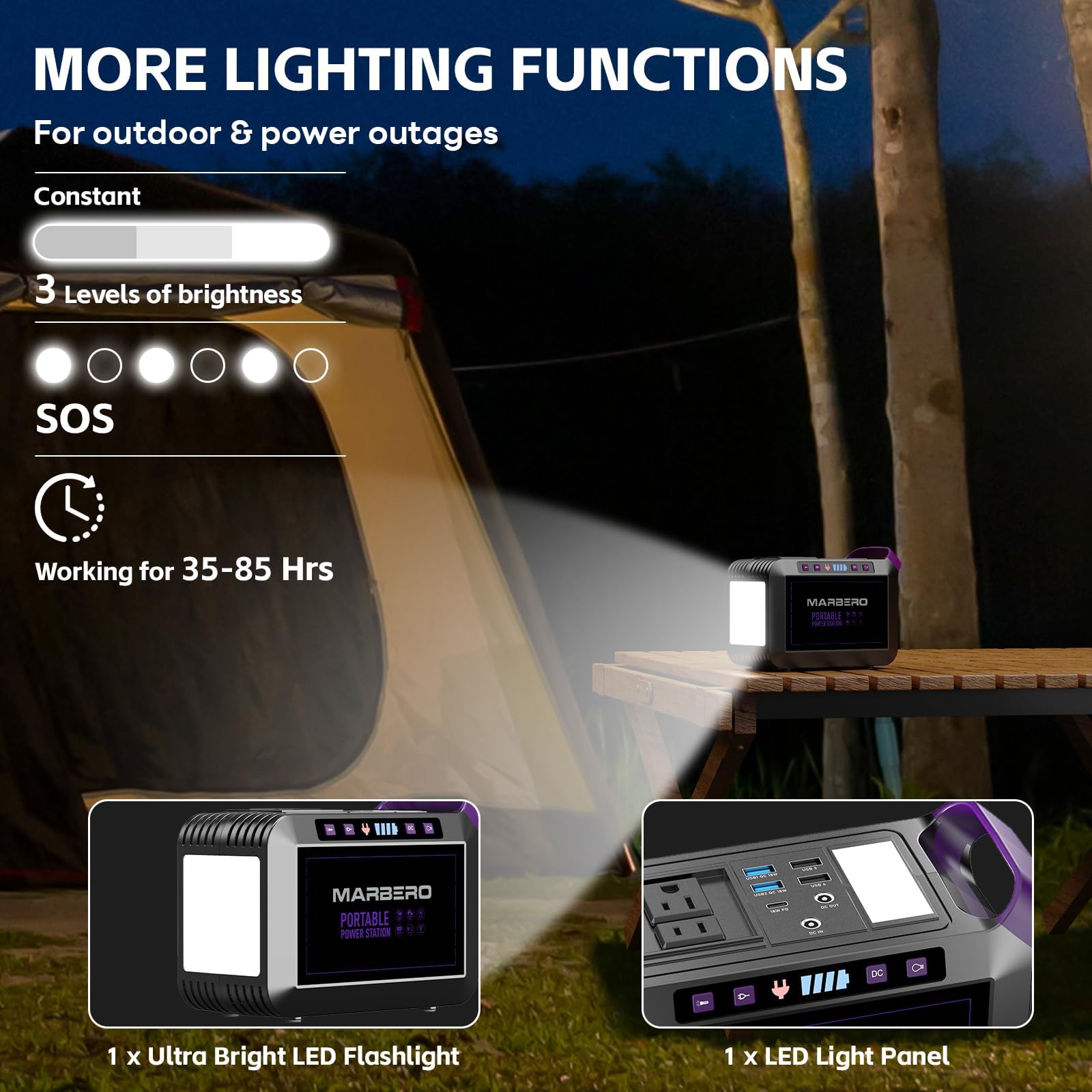MARBERO generator and panel powering devices on a camping table for outdoor reliability benefit