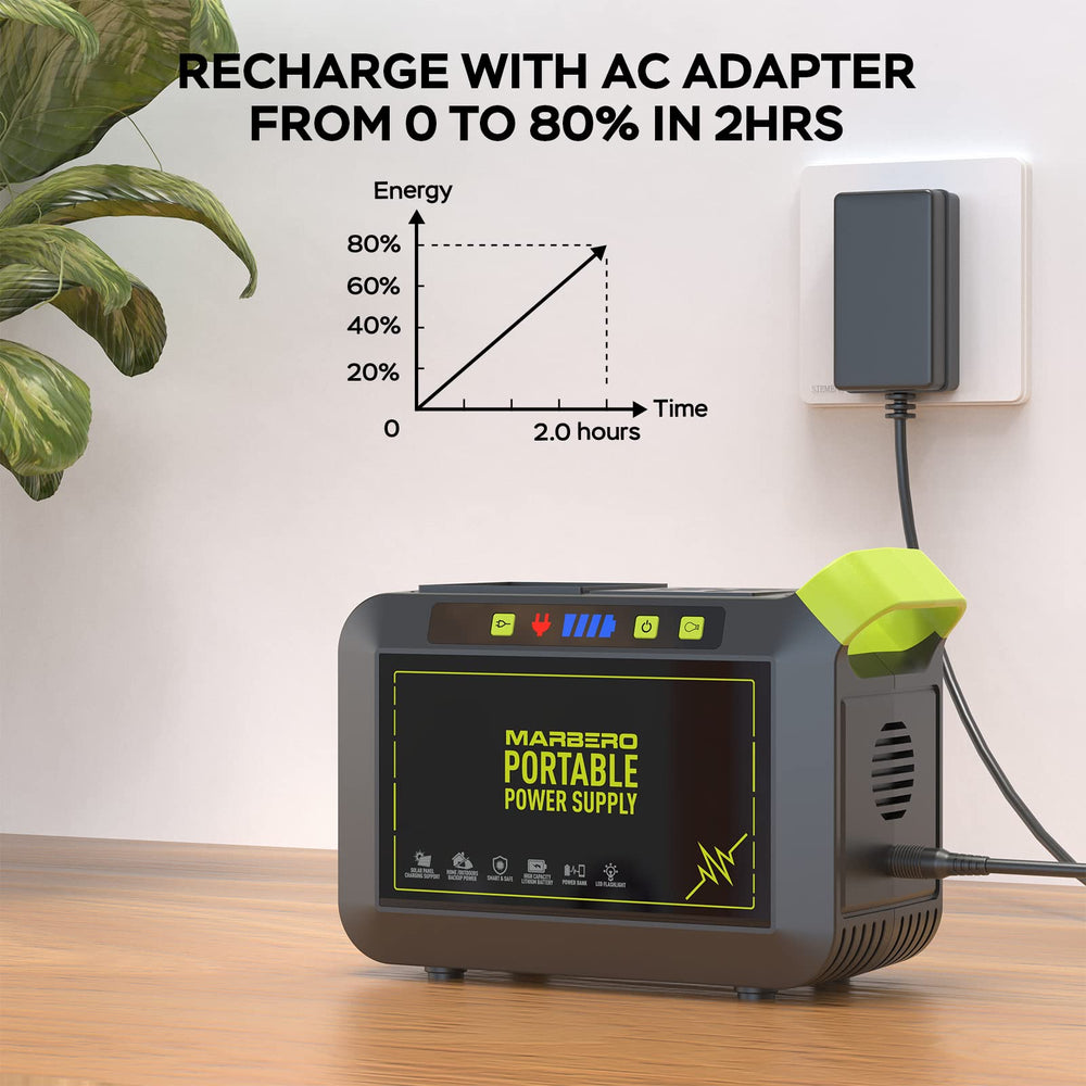 MARBERO connected to a solar panel for off-grid recharging during camping