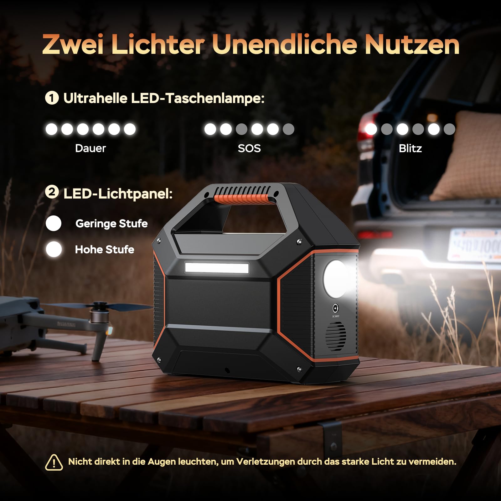 MARBERO built-in LED flashlight lighting a campsite showing safety benefit