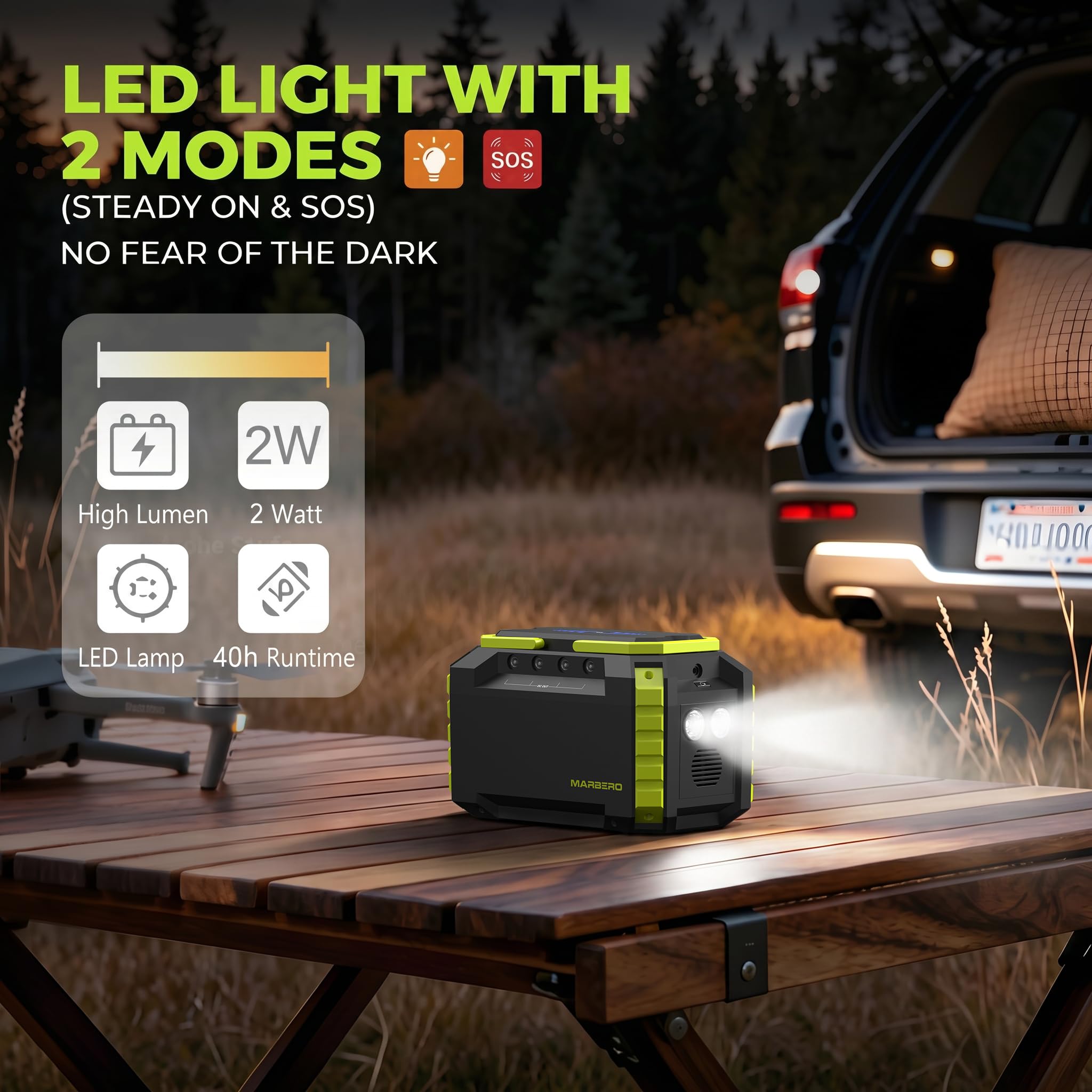MARBERO M270 on a camping table powering lights and phone for convenience