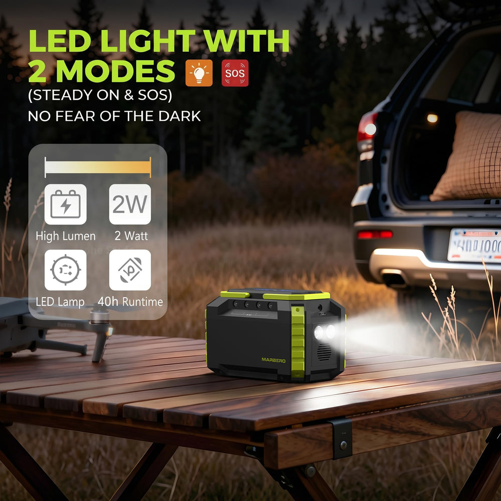MARBERO M270 on a camping table powering lights and phone for convenience