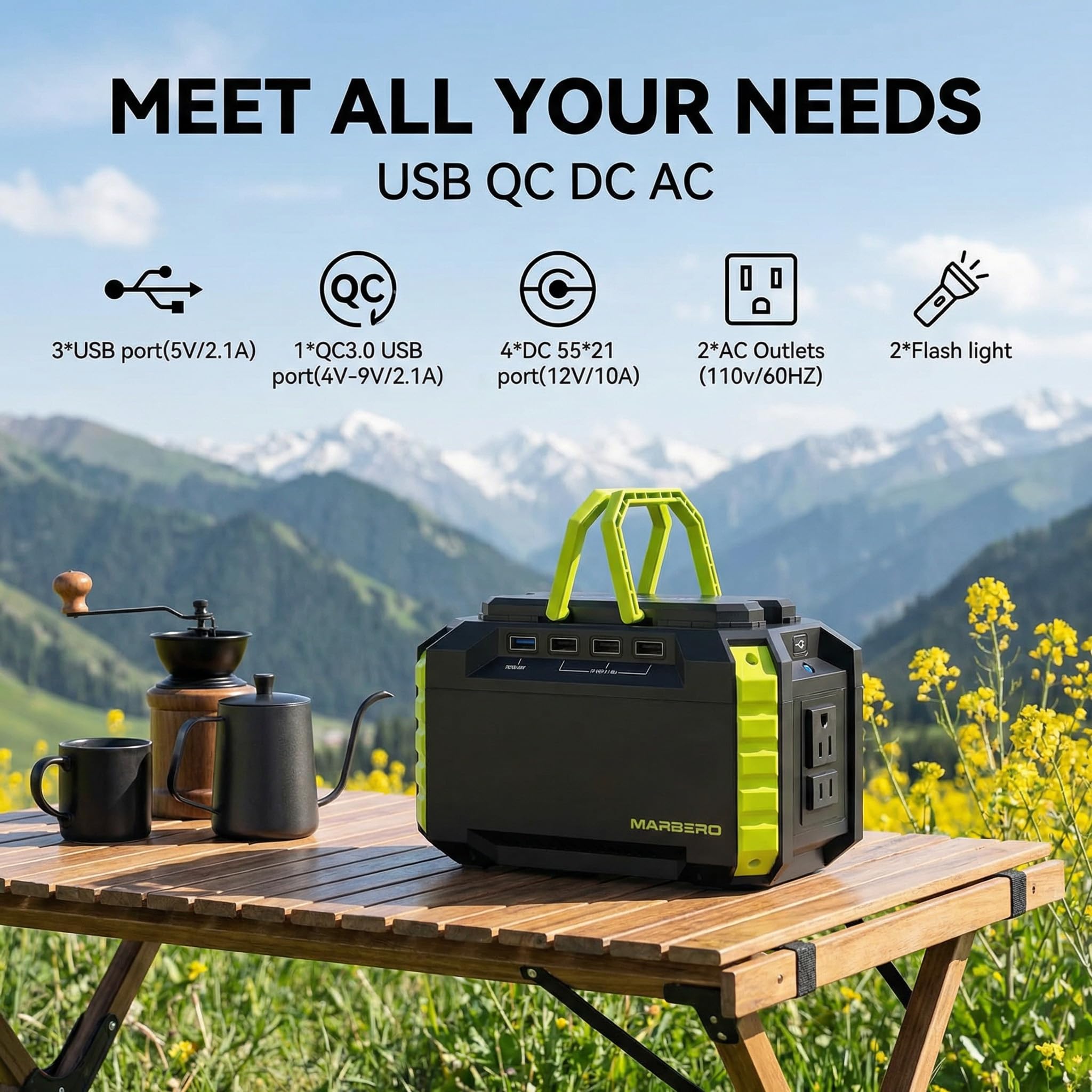 MARBERO M270 detailed view of USB, QC3.0, and DC ports for versatile charging