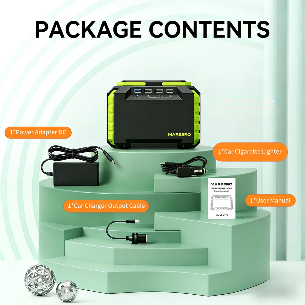 MARBERO M270 next to a laptop to show scale and portable power capacity