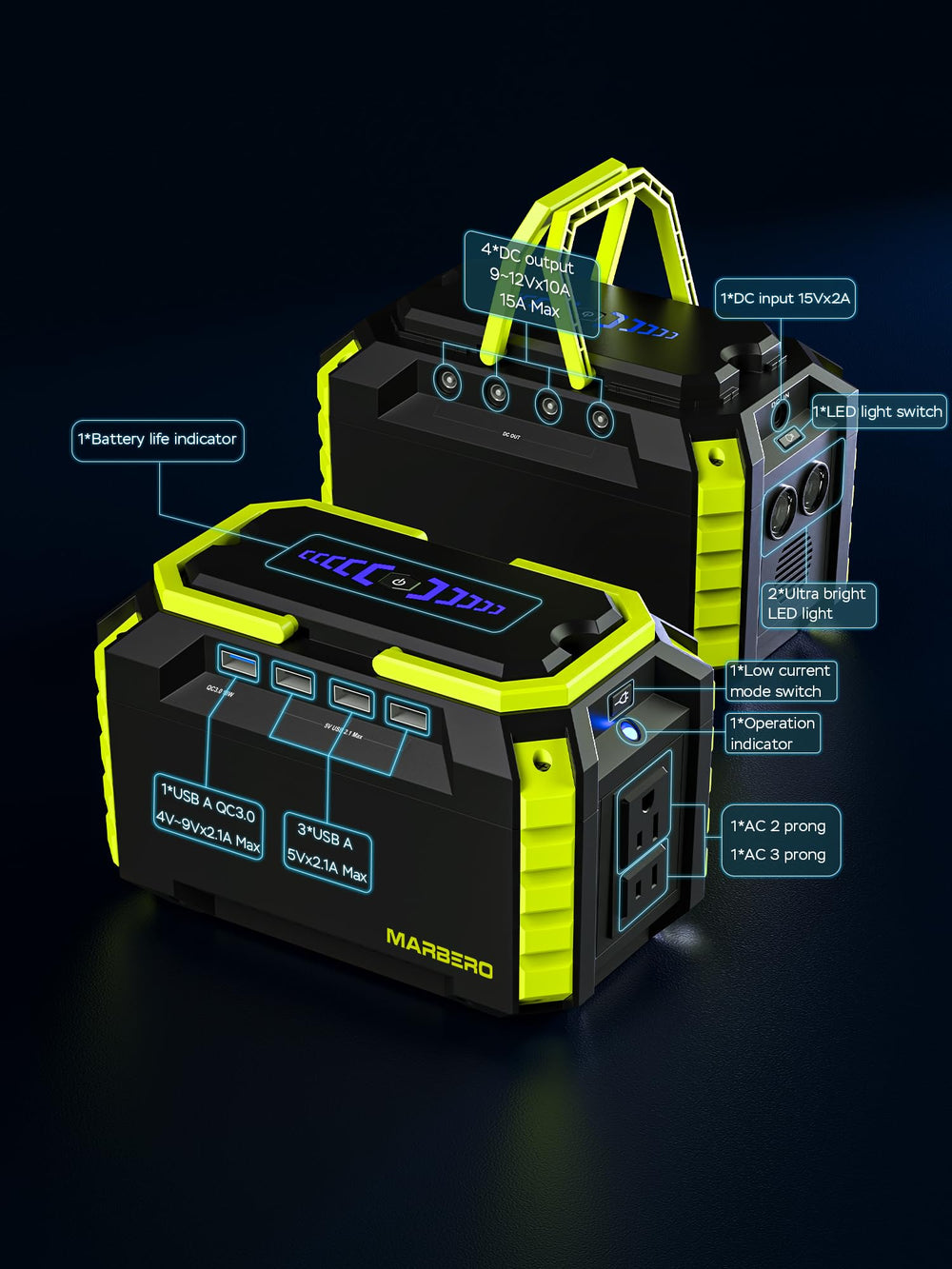 MARBERO M270 connected to a solar panel demonstrating off-grid recharging