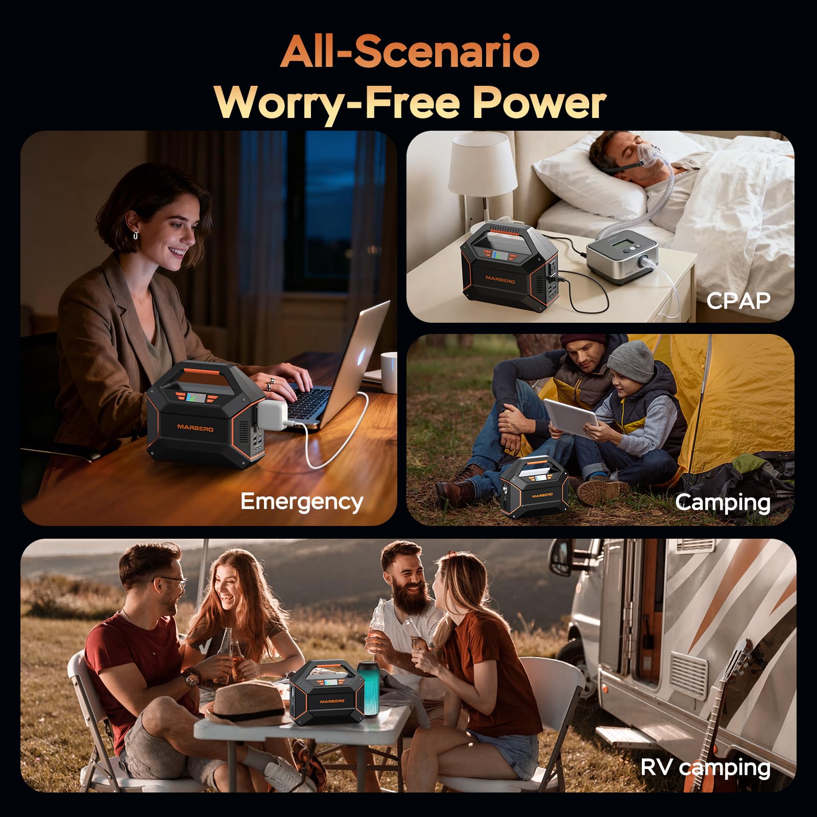 MARBERO on camping table powering lights and phone for outdoor reliability