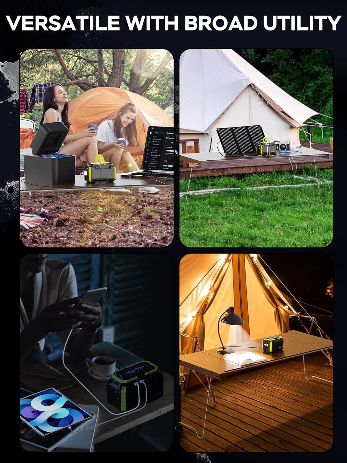 MARBERO solar kit powering camping lights inside a tent for nighttime comfort