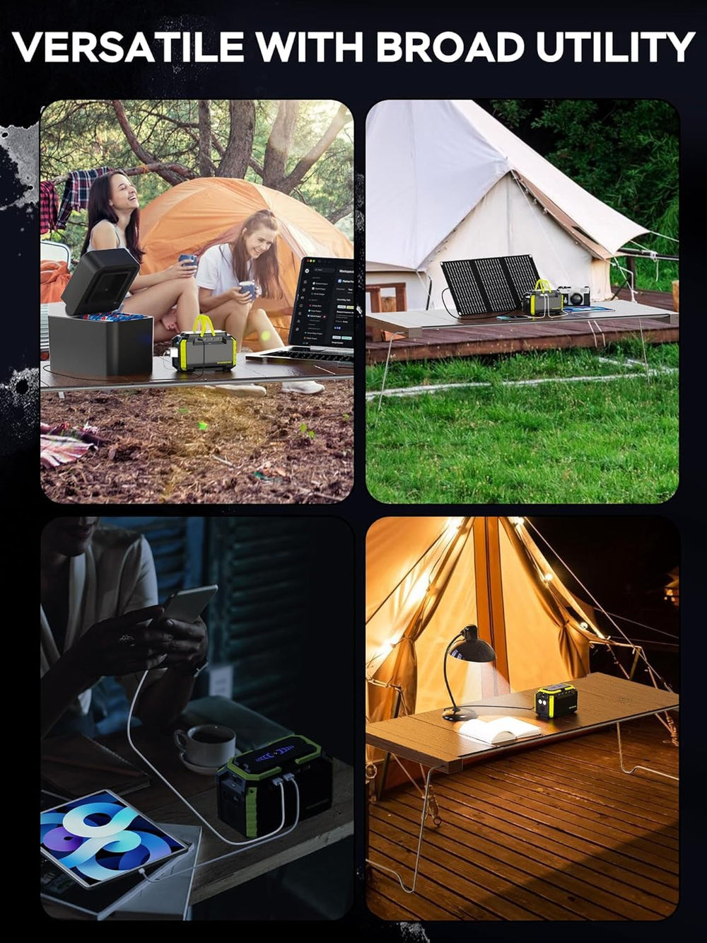 MARBERO solar kit powering camping lights inside a tent for nighttime comfort