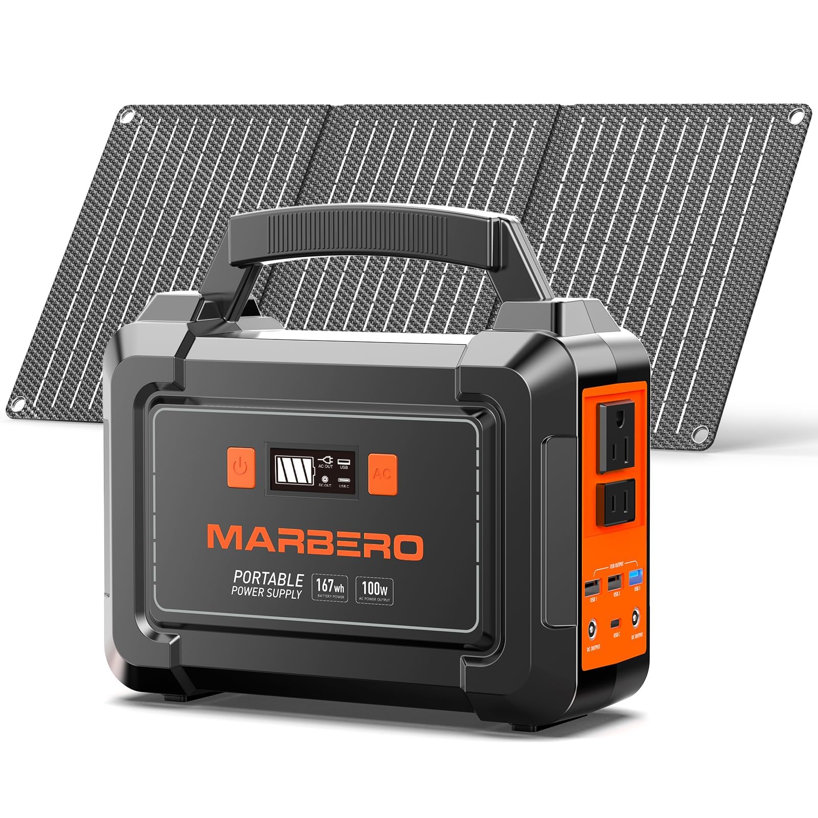 MARBERO power station front panel showing ports and display for quick setup