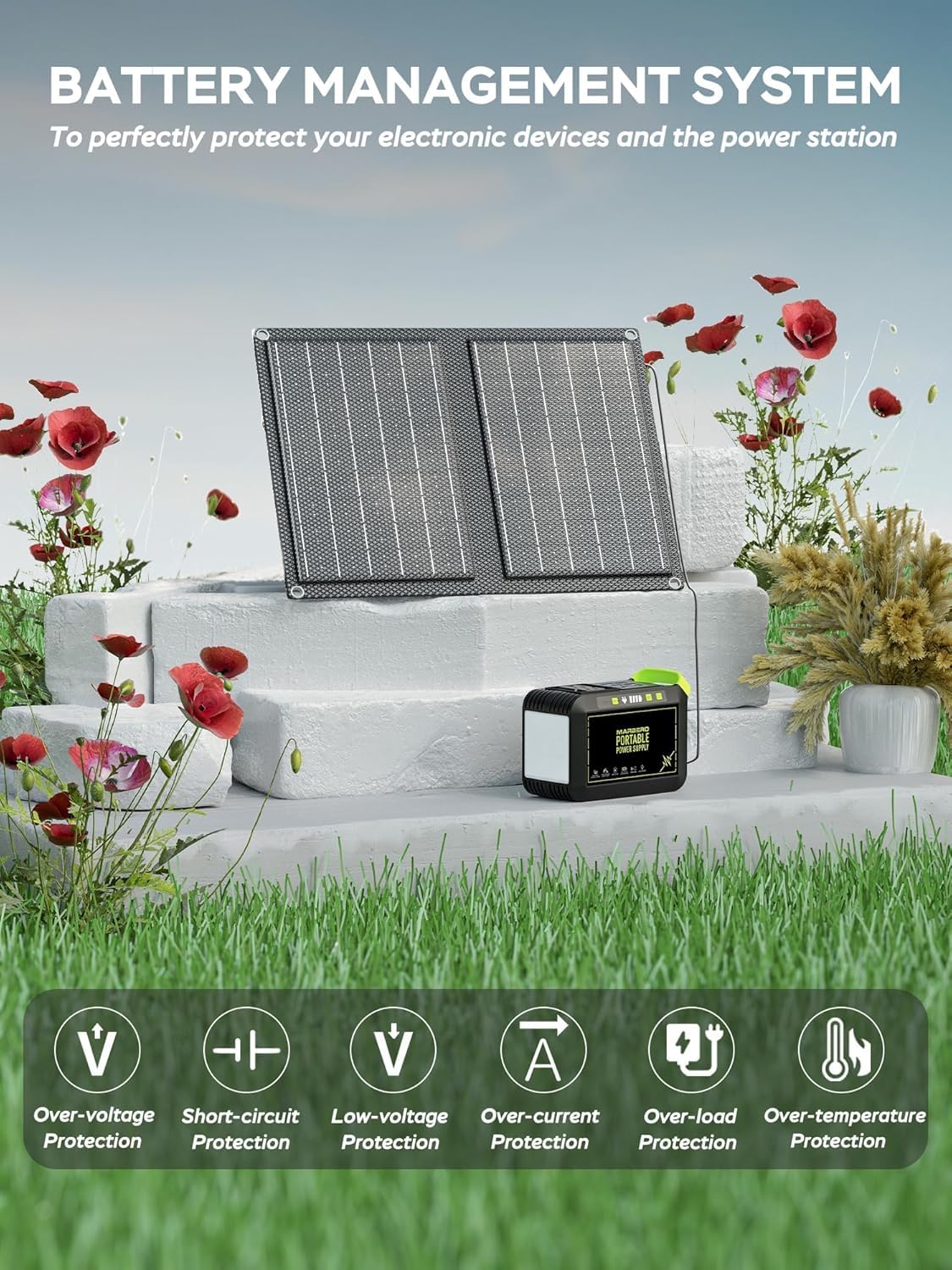 MARBERO power station beside tent and gear demonstrating portable outdoor power