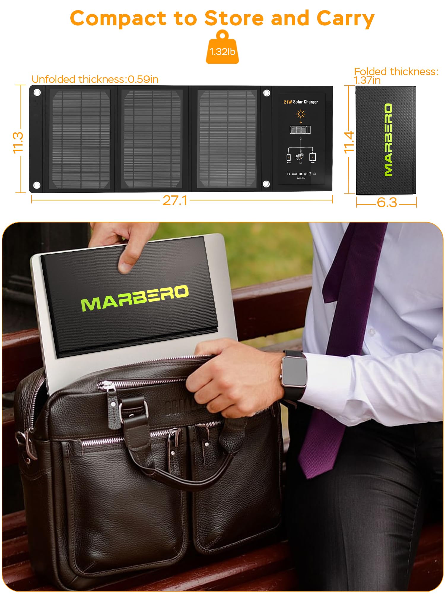 MARBERO folded beside an iPad to show lightweight scale