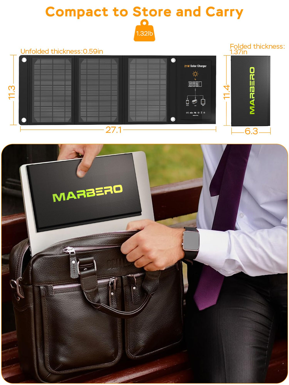 MARBERO folded beside an iPad to show lightweight scale